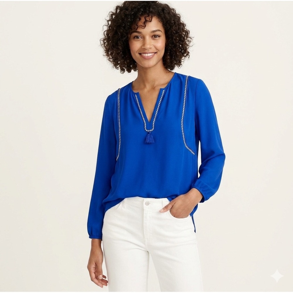 J.Crew Peasant Top Size 00 Royal Blue Embroidered Tassel Blouse Long Sleeve